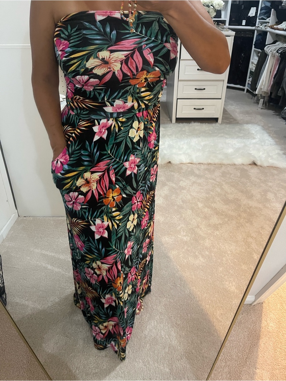 Express Strapless Black Tropical Floral Maxi Dress
